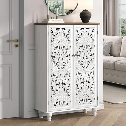 JOINICE 47" Accent Storage Cabinet with Carved Doors,White Buffet Cabinet with Solid Wood Legs & 100lbs Capacity, Farmhouse/Rustic/Boho Style for Living Room, Dining Room, Bedroom, Hallway, Study