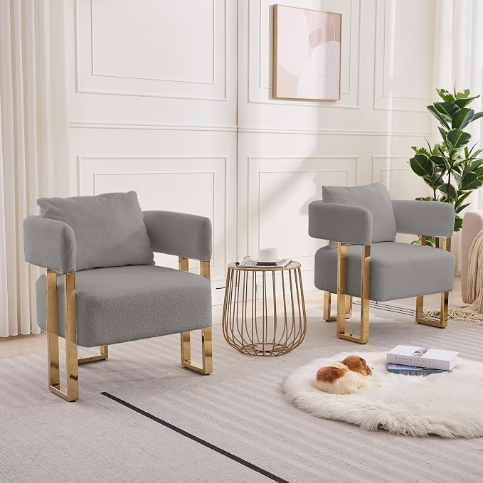 YISHENG Modern Barrel Accent Chairs Set of 2, Living Room Side Chairs with Golden Metal Legs Soft Teddy Upholstered Reading Armchairs no Wheels for Vanity/Reception Room//Bedroom/Lounge/Office, Grey