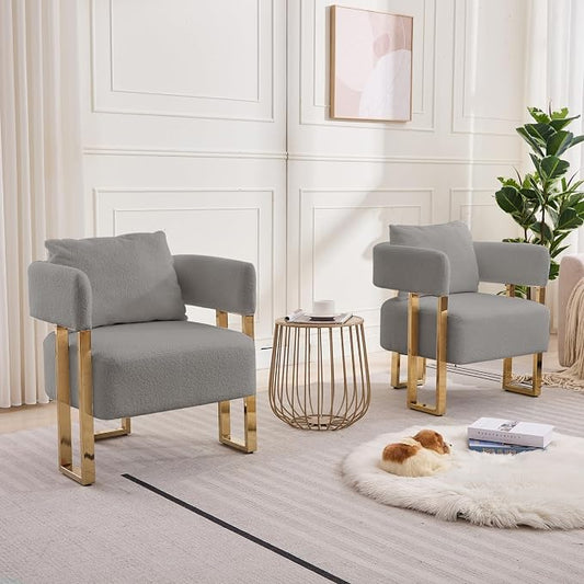 YISHENG Modern Barrel Accent Chairs Set of 2, Living Room Side Chairs with Golden Metal Legs Soft Teddy Upholstered Reading Armchairs no Wheels for Vanity/Reception Room//Bedroom/Lounge/Office, Grey