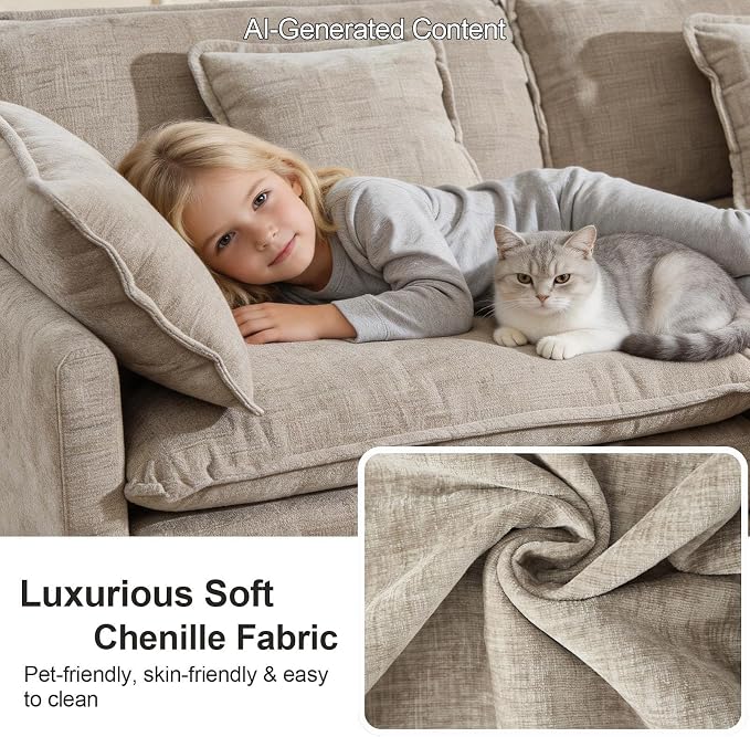GNIXUU Modular Sectional Sofa, 111.5“ Chenille L Shaped Cloud Sectional Couch with Movable Ottoman & Deep Seat, 4 Seat Couches with 5 Pillows for Living Room, Apartment, Office, Camel