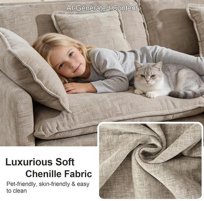 GNIXUU Modular Sectional Sofa, 111.5“ Chenille L Shaped Cloud Sectional Couch with Movable Ottoman & Deep Seat, 4 Seat Couches with 5 Pillows for Living Room, Apartment, Office, Camel
