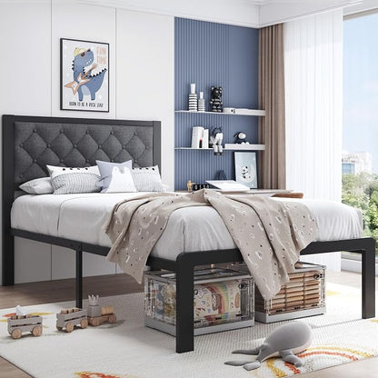 HISOFT Twin Bed Frame with Upholstered Button Tufted Headboard, Bed Frame Platform Metal Slats Support, Under Bed Storage, No Box Spring Needed, Noise-Free, Easy Assembly, Grey