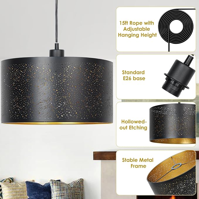 Qingmiao Plug in Pendant Light, Hanging Lamp Plug in with LED Bulb, 3-Way Dimmable Hanging Light Fixture for Living Room Bedroom Kitchen Ceiling Farmhouse Home Decor