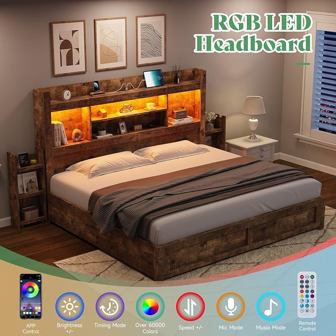 AMERLIFE California King Size Bed Frame with 4 Storage Drawers, LED Bed Frame with 49.6" Tall Bookcase Headboard, Wood Platform Bed with Charging Station & 2 Slide Bedside Shelf, Rustic Brown