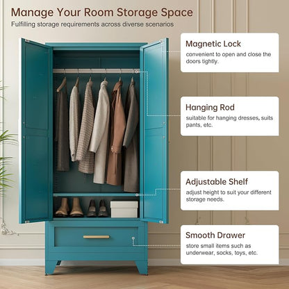 LCAOPC 71" Tall Metal Wardrobe Cabinet with Drawer and Hanging Rod, 2 Doors Armoire Wardrobe Closet with Shelf for Bedroom, Office, Laundry Room, Blue