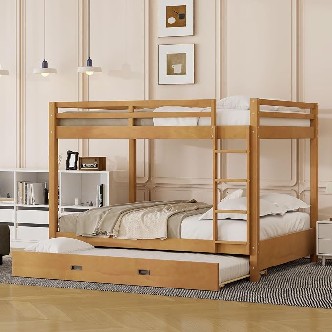 Merax Wood Queen Bunk Bed with Twin XL Trundle & Ladder - Space-Saving Design, Sturdy Frame & Guard Rails,Wood Color