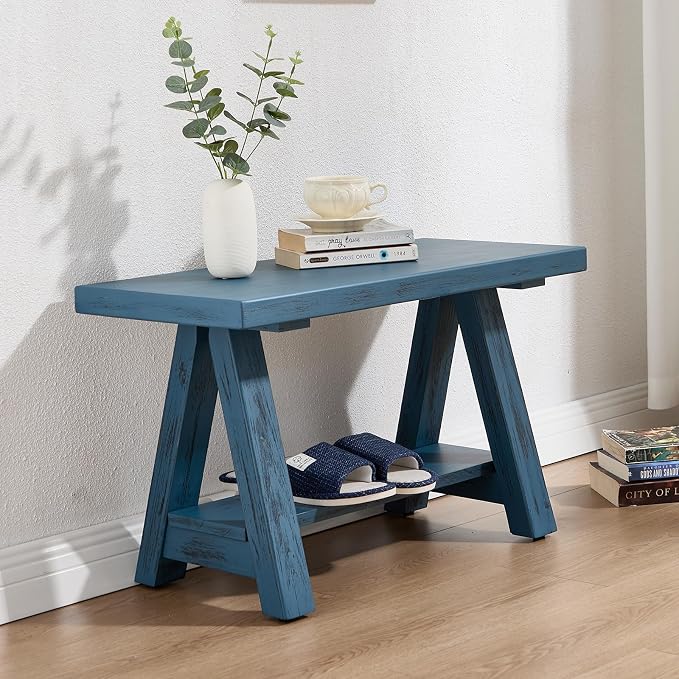 Farmhouse Wood Bench, Rustic Indoor Storage Bench Solid Wood Entryway Bench with Shoe Storage 2-Tier Narrow Bench Seat Indoor for Entryway, Living Room, Dining Room, Hallway, Blue