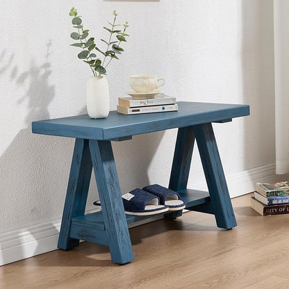 Farmhouse Wood Bench, Rustic Indoor Storage Bench Solid Wood Entryway Bench with Shoe Storage 2-Tier Narrow Bench Seat Indoor for Entryway, Living Room, Dining Room, Hallway, Blue