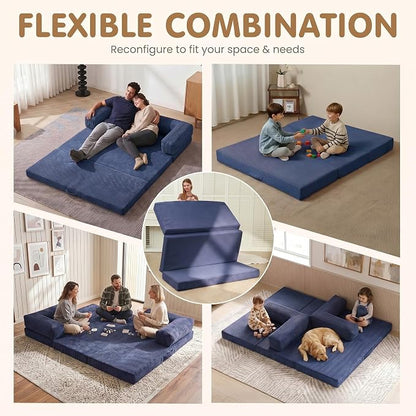 Convertible Sofa Bed Queen,5-in-1 Boneless Couch with Removable Armrests & Handle,Corduroy Futon Sleeper Sofa,Floor Folding Mattress Pull Out Bed for Small Space Apartment Living Room Bedroom,Blue