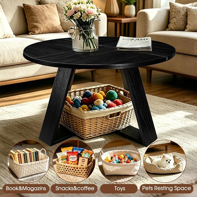 Black Round Coffee Table, 31.5" Modern Coffee Table for Living Room with Mountain Textures,Small Coffee Table with Open Storage, Circle Center Table with Cross Base, Easy Assembly