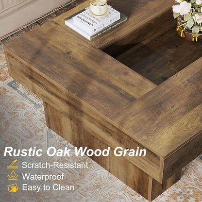 LVB Coffee Table, Modern Wood Led Living Room Table with Storage, Farmhouse Large Rectangle Center Table with LED Light, Unique Wide Low Tea Table for Living Room Home Office, 47.24 in, Rustic Oak