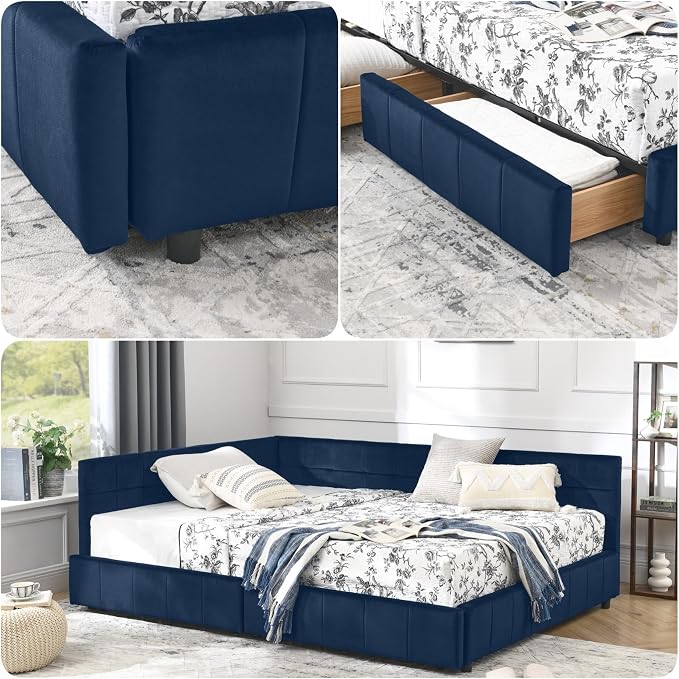 KEIKI Full Size L Shape Corner Bed Frames with 2 Storage Drawer, Backrest and Armrests, Velvet Upholstered Sofa Daybed for Small Room, Living Room, Bedroom, Guest Room, Kids' Room