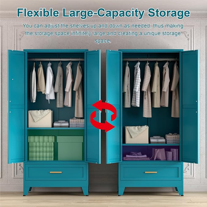 Washsemba 71'' Farmhouse Metal Wardrobe Cabinet with Hanging Rod, 2 Barn Door Wardrobe Closet with Adjustable Shelves,Drawer,for Dining Room,Bedroom,Living Room, Cloak Room,Office (Peacock Blue)