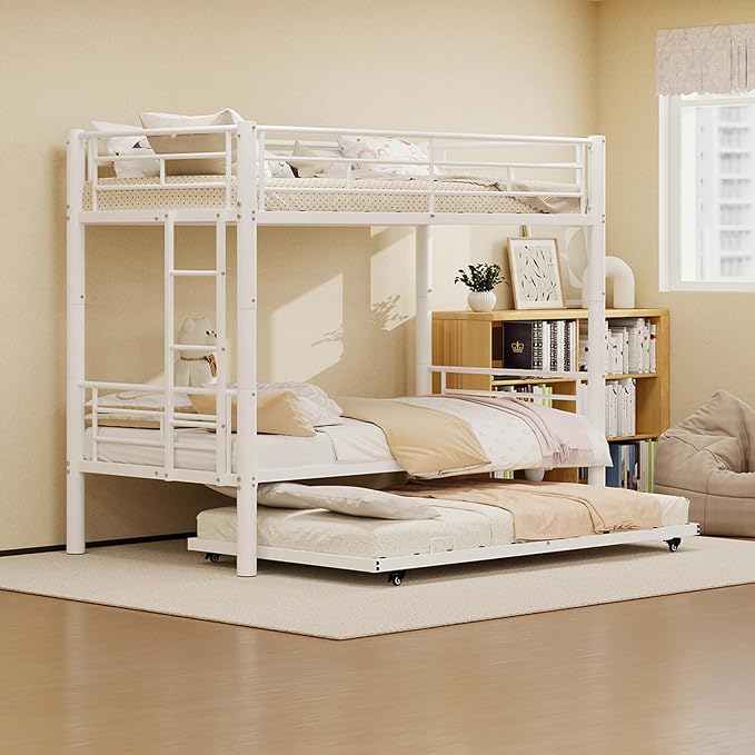 Bunk Bed with Trundle, Metal Twin Bunk Beds with Guardrail and Ladder for Kids/Teenagers/Adults, Space-Saving Bunk Bed Can be Split Into 3 Beds, No Box Spring Needed(White, with Trundle)