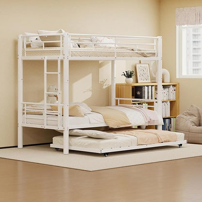 Bunk Bed with Trundle, Metal Twin Bunk Beds with Guardrail and Ladder for Kids/Teenagers/Adults, Space-Saving Bunk Bed Can be Split Into 3 Beds, No Box Spring Needed(White, with Trundle)