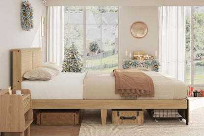 GarveeHome Queen Platform Bed Frame, Queen Size Bed Frame with Natural Rattan Headboard, Cane Bed Frame with 2 Storage Drawers and Strong Wood Slats Support, Noise Free, No Box Spring Needed