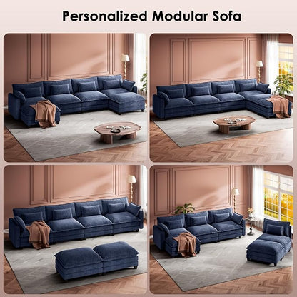 Marsail Modular Sectional Sofa 145.6" U-Shaped Modern Comfy Cloud Couch, 6-Seat Chenille Deep Seat Sofa with Throw Pillow & Movable Ottoman for Living Room, Bedroom and Apartment, Blue