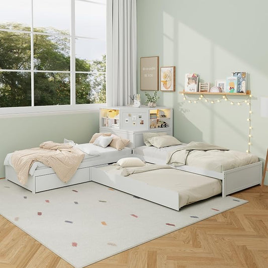 Merax L-Shaped Combination Twin Bed Frame with Trundle,Drawer,Built-in Desk and Led Downlight,3-in-1 Design for Bedroom