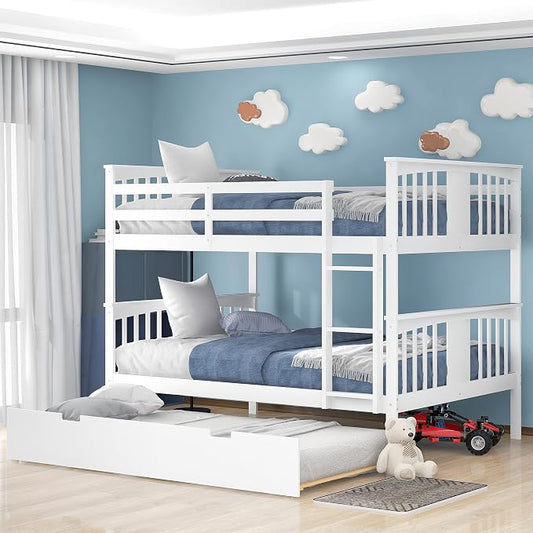 Merax Full Over Full Bunk Bed with Trundle, Convertible to Two Separate Beds, Solid Pine Wood Frame with Safety Guardrail & Headboard/Footboard, Sturdy Durable Design, No Box Spring Needed, White