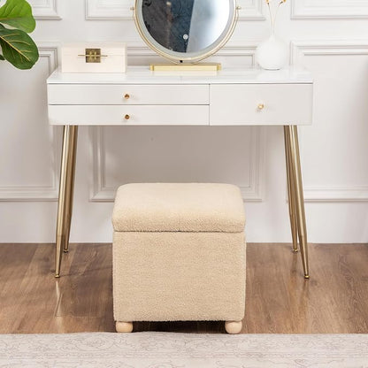 Adeco 17.3" Modern Oatmeal Teddy Velvet Storage Ottoman, Upholstered Cube Foot Stool with Hinged Lid, Round Solid Wood Legs, Versatile Vanity Seat for Living Room, Bedroom
