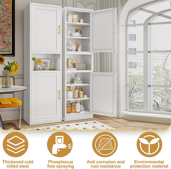 67" H Metal Tall Narrow Storage Cabinet, Freestanding Floor Cabinet with 2 Doors and Adjustable Shelves, Pantry Storage Cabinets for Bathroom, Living Room, Entryway and Kitchen (White)