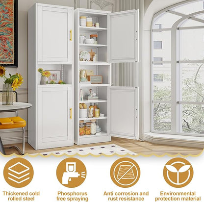 67" H Metal Tall Narrow Storage Cabinet, Freestanding Floor Cabinet with 2 Doors and Adjustable Shelves, Pantry Storage Cabinets for Bathroom, Living Room, Entryway and Kitchen (White)