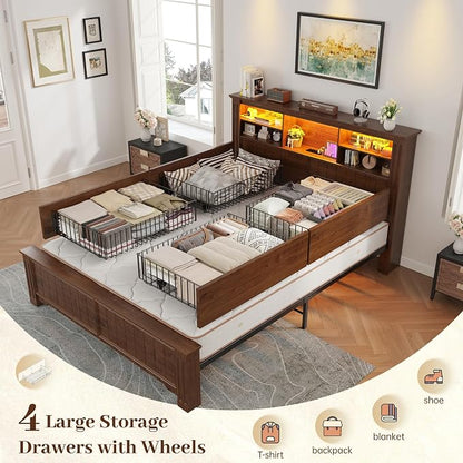 EnHomee Full Size Bed Frame with Storage Headboard and 4 Drawers,Charging Port & LED,No Box Spring Needed,Heavy-Duty Structure,Noise,-Free,Vintage Brown