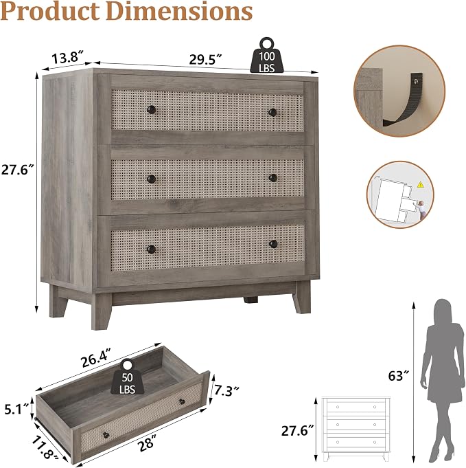 Rattan 3 Drawer Dresser for Bedroom, Small Boho Dresser with Wood Handles, Wood Nightstand, 29.52" Wide Modern Dresser, Chests of Drawers for Living Room, Entryway, Hallway, Wood Gray