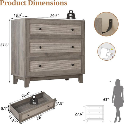 Rattan 3 Drawer Dresser for Bedroom, Small Boho Dresser with Wood Handles, Wood Nightstand, 29.52" Wide Modern Dresser, Chests of Drawers for Living Room, Entryway, Hallway, Wood Gray