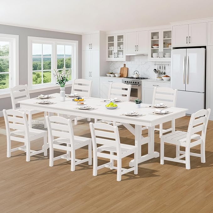 SERWALL 9 Piece 84" HDPE Outdoor Dining Set for 8 with Armless Chairs and Umbrelle Hole, White