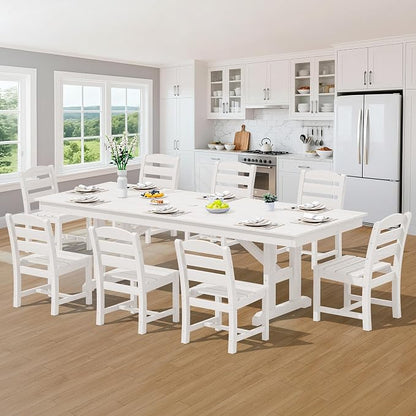 SERWALL 9 Piece 84" HDPE Outdoor Dining Set for 8 with Armless Chairs and Umbrelle Hole, White