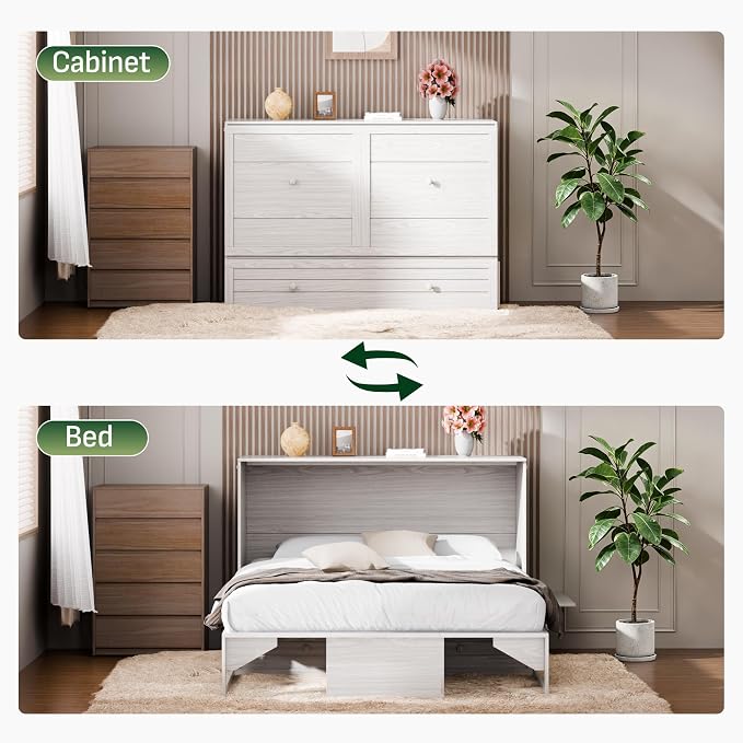 Softa Queen Murphy Bed Cabinet with 6" Tri-Fold Mattress, Storage Drawer & Charging Station, 1200 Lb Heavy Duty Wood Wall Bed with Fold-Down Desk for Guest Room & Home Office, No Box Spring Needed