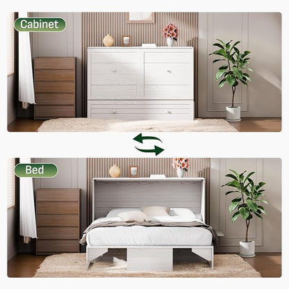 Softa Murphy Bed Queen with Drawer, 1200Lb Support, Fold-Down Side Table & Charging Station, Mattress Storage Space, No Box Spring Needed, Space Saving Murphy Bed Cabinet for Guest Room & Home Office
