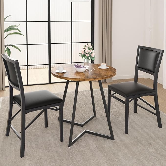 VECELO Folding Dining Chairs Set of 4, Metal Padded Foldable Seating with Comfortable Faux Leather, Space-Saving Portable Guest Seats for Kitchen & Office, No Assembly, Black