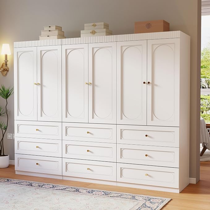 Wooden Wardrobe Closet with Doors: 75" Tall White Armoire Wardrobe Closet with 9 Drawers and 6 Doors, Modern Clothes Cabinets for Bedroom Armoires with Hanging Rod (9-Drawers, 94.5")