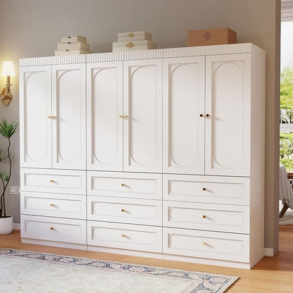 Wooden Wardrobe Closet with Doors: 75" Tall White Armoire Wardrobe Closet with 9 Drawers and 6 Doors, Modern Clothes Cabinets for Bedroom Armoires with Hanging Rod (9-Drawers, 94.5")