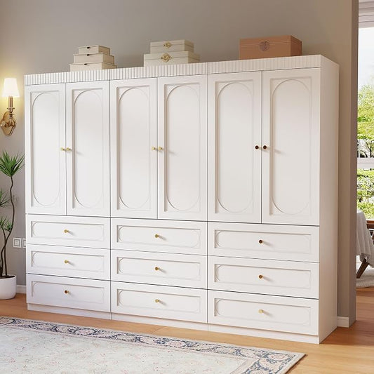 Wooden Wardrobe Closet with Doors: 75" Tall White Armoire Wardrobe Closet with 9 Drawers and 6 Doors, Modern Clothes Cabinets for Bedroom Armoires with Hanging Rod (9-Drawers, 94.5")
