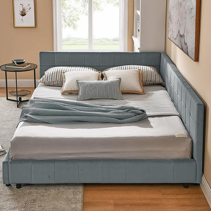 Bellemave Queen Size Corner Bed Frame with Comfortable Backrest and Armrests, Velvet Tufted Corner Bed Frame Queen Size, Upholstered Daybed for Bedroom, Living Room, Guest Room, Gary