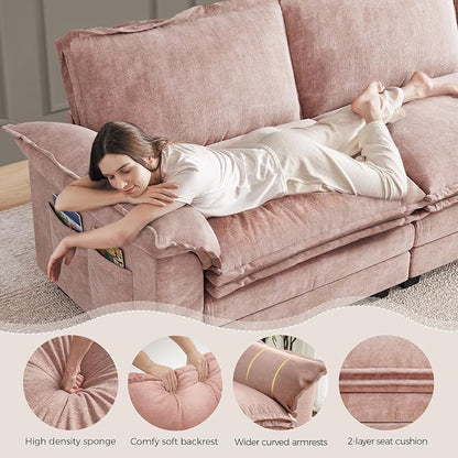 KKL 123 Inch L-Shaped Modular Sectional Sofa, 4 Seater Cloud Couch with Ottoman, Chenille Sectional Couches for Living Room, Apartment, Pink