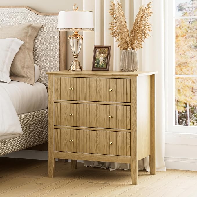Night Stand, Fluted 3 Drawer Wide Farmhouse Nightstand with Gold Handle, Modern Wooden Bedside End Table for Bedroom, Living Room, Oak
