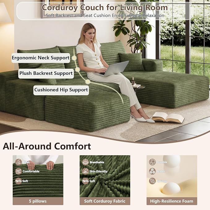 95" Cloud Sectional Couch U-Shaped Chaise with Ottoman, Corduroy Boneless Couch for Living Room Bedroom, Deep-Seat Upholstered Modular Cloud Sofa, No Assembly Required (Green, Right Facing Chaise)