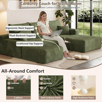 95" Cloud Sectional Couch U-Shaped Chaise with Ottoman, Corduroy Boneless Couch for Living Room Bedroom, Deep-Seat Upholstered Modular Cloud Sofa, No Assembly Required (Green, Right Facing Chaise)