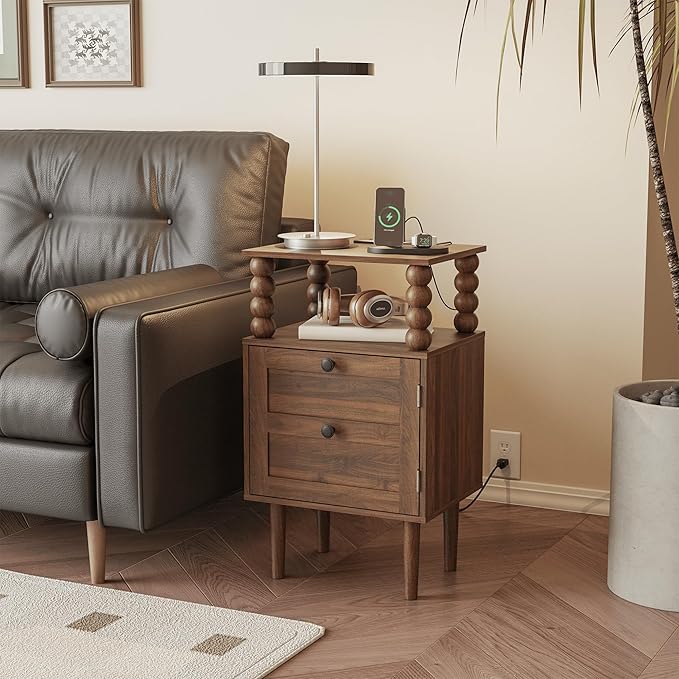 Veegle Nightstand with Charging Station,Modern Bedside Table with Storage Drawer and Open Wood Shelf, for Bedroom and Small Spaces,Night Stand with Solid Wood Legs (Walnut Brown)
