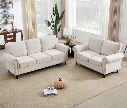 Kingfun Loveseat 2 & 3 Seater Couch with Chair, Mid Century Modern Chenille Sofa Set with Rolled Arms and Deep Seats, Fluffy Comfort for Living Room, Apartment, Easy Assembly, Beige