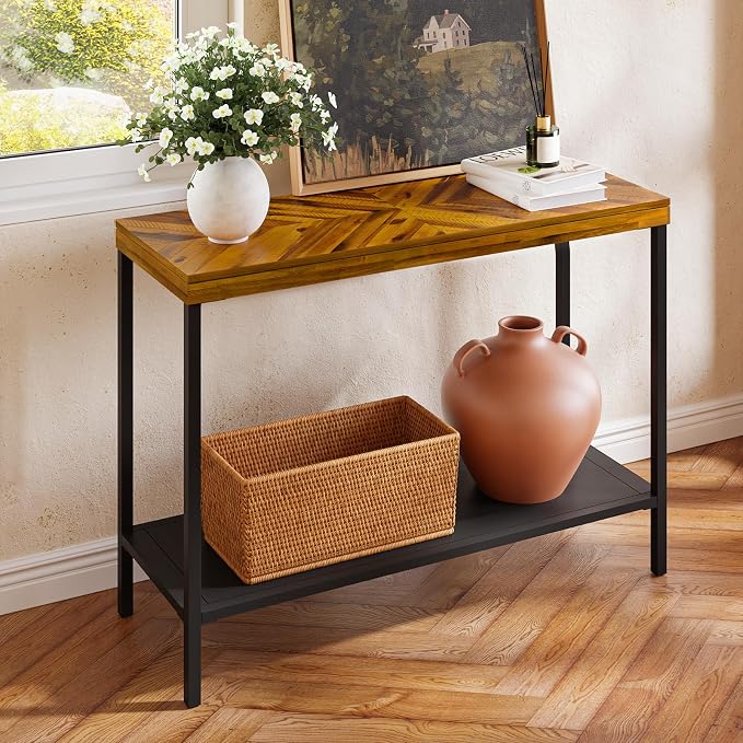 Bme Vivian Console Table, Solid Acacia Wood Entryway Table Without Drawer, Rustic Golden Brown Mid Century Modern Hallway Table, Sofa Table for Living Room or Foyer