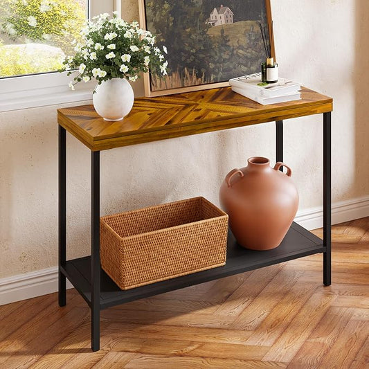 Bme Vivian Console Table, Solid Acacia Wood Entryway Table Without Drawer, Rustic Golden Brown Mid Century Modern Hallway Table, Sofa Table for Living Room or Foyer