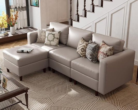 ABCASA L-Shaped Leather Couch, 4 Seater Oversized Faux Leather Couch with Waterproof Covers, Modular Sectional Modern Couch with Movable Storage Seat Ottoman for Living Room, Bedroom Apartment,Gray