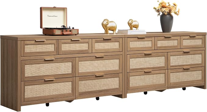 SICOTAS 7 Drawer Dressers for Bedroom Set 2, Long Rattan Dresser, Dresser TV Stand, Closet Organizer Chest of Drawers, Clothes Storage Dressers (Reclaimed Caramel Oak, 7 Drawers (2 pcs))