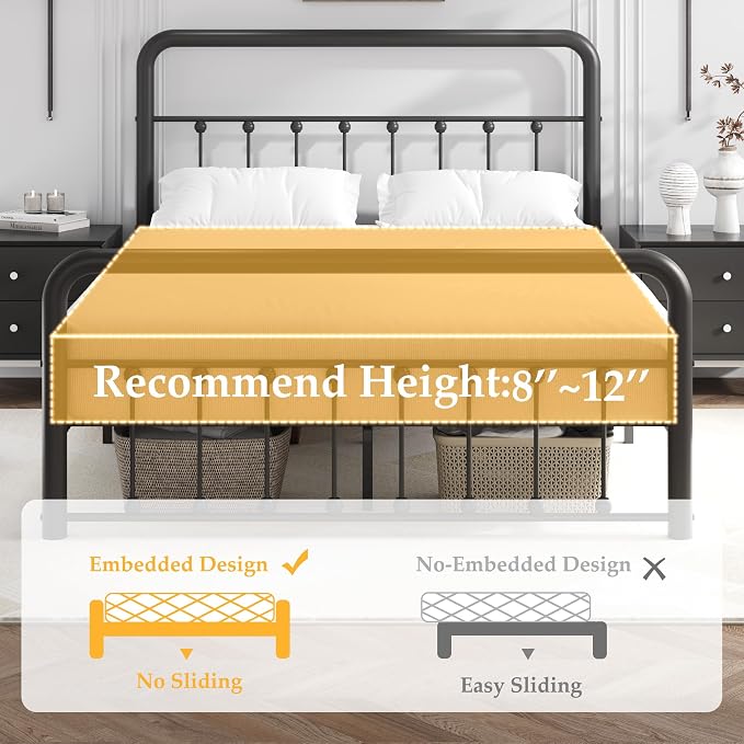 Fluest 14 Inch Queen Bed Frame Classic Metal Platform Bed Frame with Charging Station & LED, Victorian Style Iron-Art Headboard/Footboard, Under Bed Storage, No Box Spring Needed, Noise Free