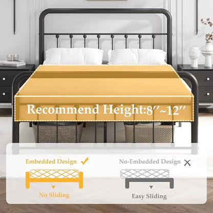Fluest 14 Inch Queen Bed Frame Classic Metal Platform Bed Frame with Charging Station & LED, Victorian Style Iron-Art Headboard/Footboard, Under Bed Storage, No Box Spring Needed, Noise Free
